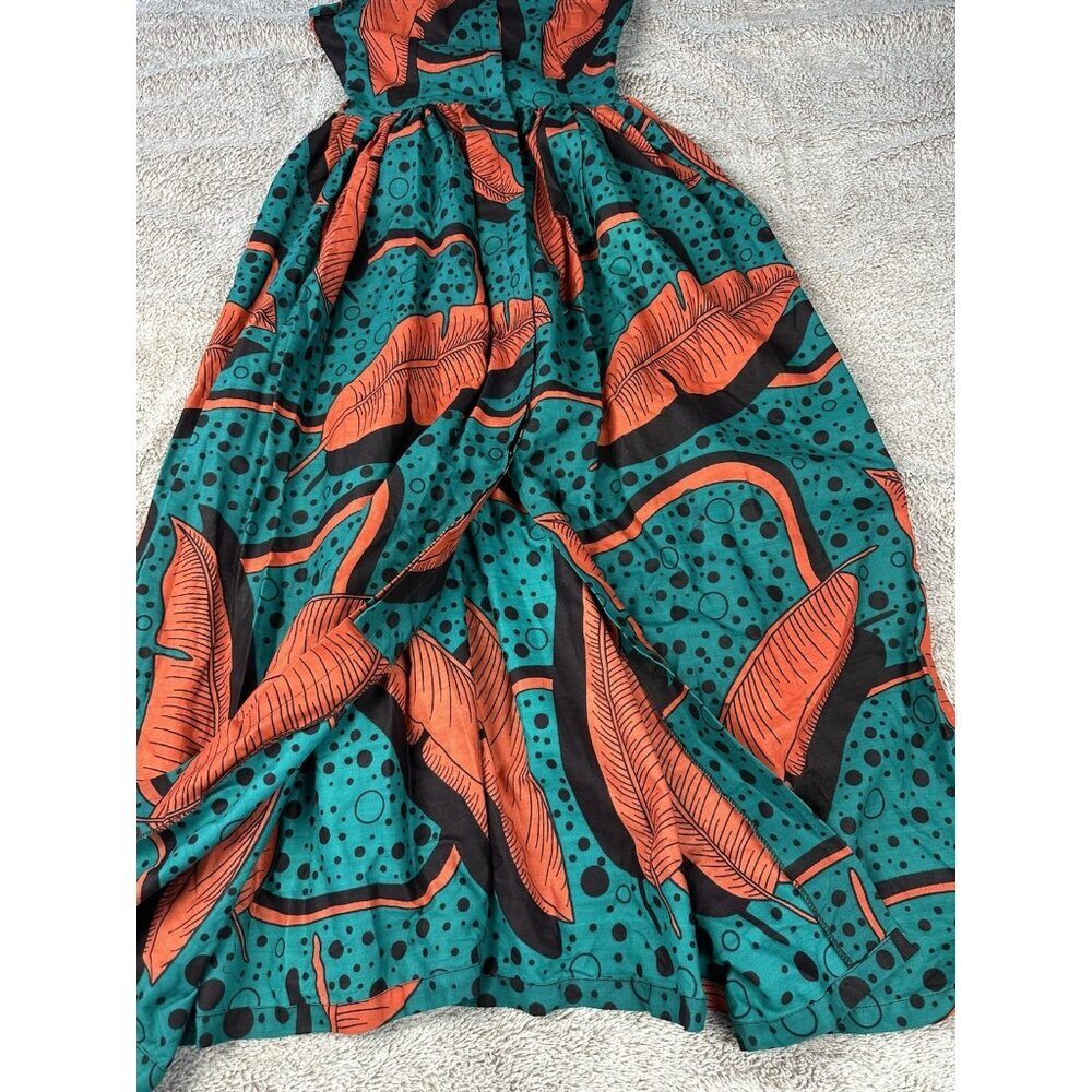 SIKA Ghana Handmade Cotton Maxi Dress Teal Orange Banana Leaf Print Size 4 - Picture 3 of 16